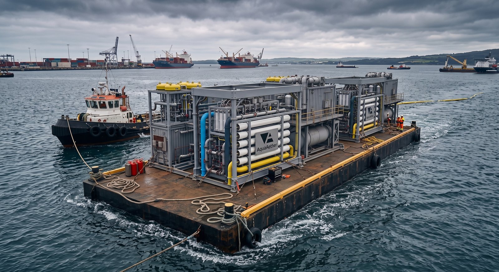 AquaAether plant modules on a barge, towed by a tug in daylight, crew on deck